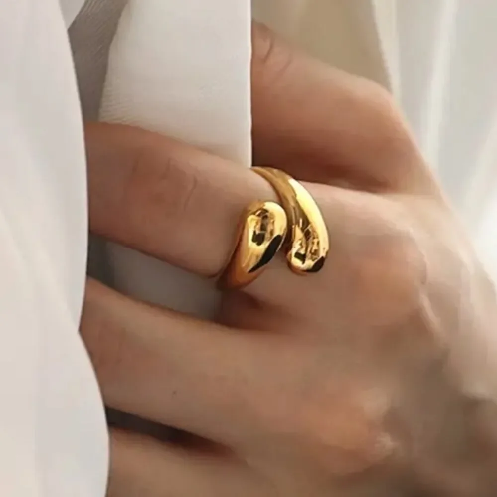 Smooth Double Ball Beads Rings Adjustable Gold Tone Geometric Style Fashion Ring